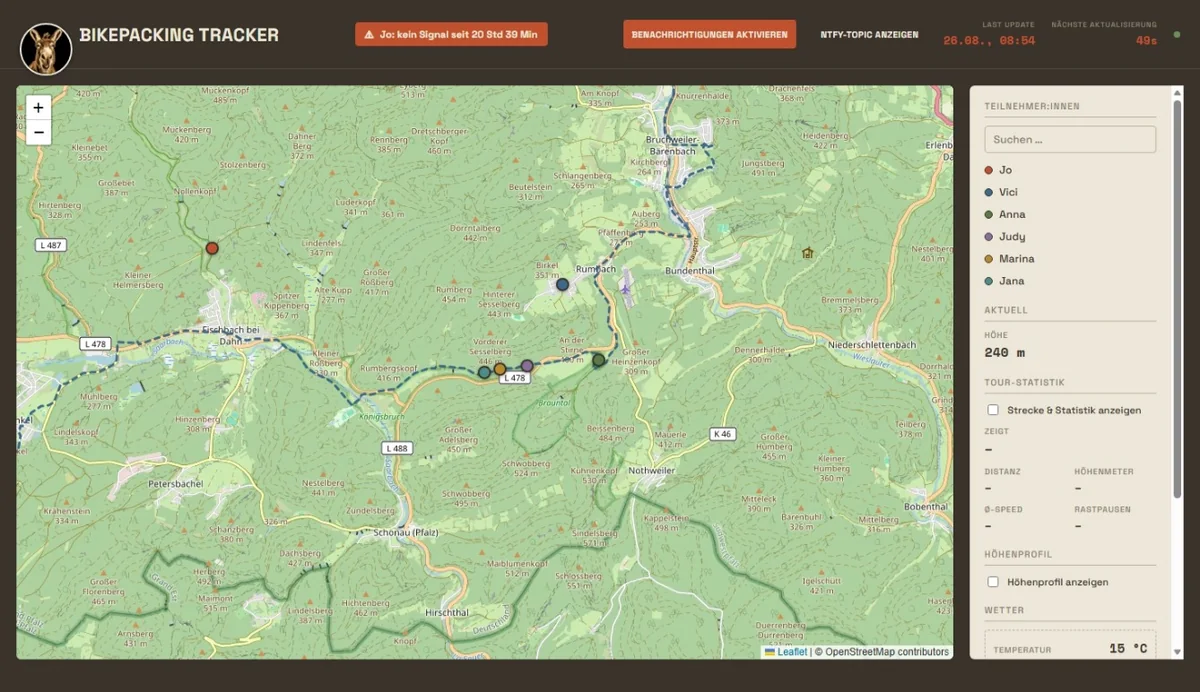 Kartenansicht des Bikepacking-Trackers mit mehreren farbigen Positionsmarkern entlang einer Tour